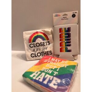 Celebrate! Pride Rainbow Can Cooler & Napkin Set LGBT LGBTQ+‎ Party